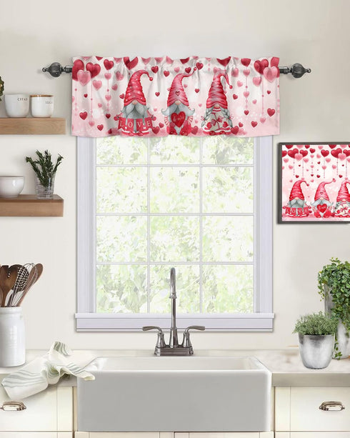 ALAGEO Valentines Valances Windows Curtain Pink Gnomes Kitchen Valances Rod Pocket Love Heart Balloon Window Curtain Short Topper Curtains for Val...