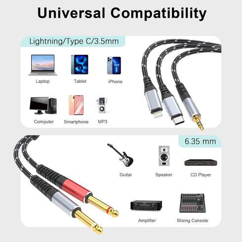 Lightning to Dual 6.35mm 1/4" TS Mono Stereo Y-Cable Splitter,3 in 1 to Dual 1/4-inch Audio Cable, Compatible with smartphones, computers, phones/...
