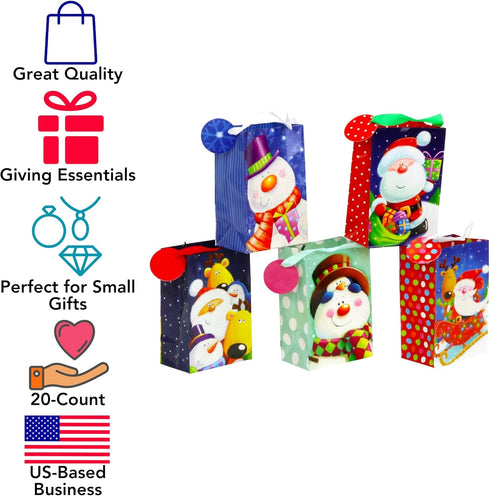 Iconikal 20-Pack Christmas Gift Bags, Small 4x6x2.5-Inch, Snowman Santa Reindeer, Ribbon Handles...