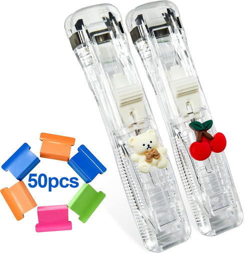 2 Pack Clam Clip Dispenser with 50 Colorful Metal Clip Refills Portable Handheld Paper Fast Clam Clip Dispensers Cherry and White Bear...