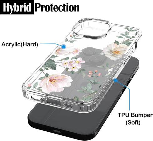 RANZ Case for iPhone 15, Anti-Scratch Shockproof Series Clear Hard PC + TPU Bumper Protective Cover Case for iPhone 15 (6.1") - White Magnolia Flo...