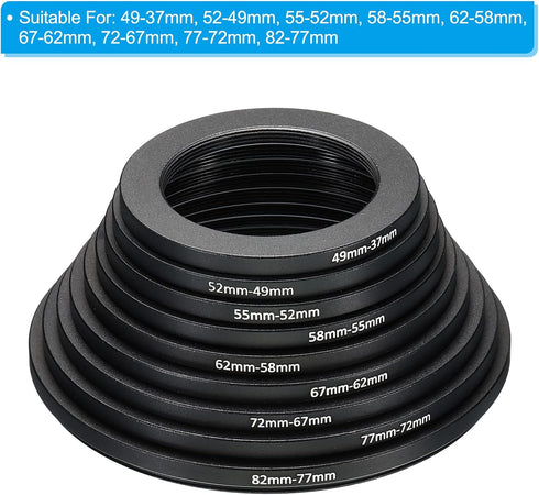 PATIKIL Step Down Rings Set, 9 Pack 82-77mm 77-72mm 72-67mm 67-62mm 62-58mm 58-55mm 55-52mm 52-49mm 49-37mm Filter Adapter Ring for Camera Lenses,...