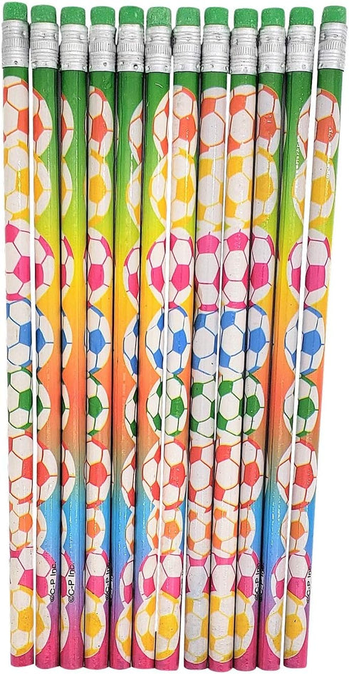 Fun Soccer Ball Print Colorful Pencils with Eraser Top (7.5" Standard size) Euro Football Design. #2 Lead. Unsharpened. Made of Wood. (24)...