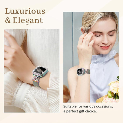Magnetic Band with Bling Case Women Compatible with Apple Watch 45mm Crown Stainless Steel Strap Dressy Milanese Loop Protective Cover for iWatch ...