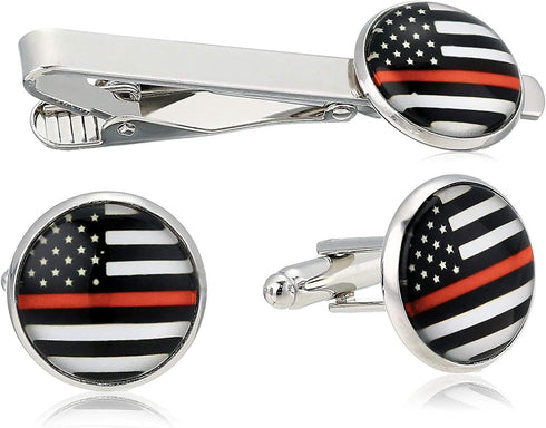 American Flag Tie Bar Clip and Cufflinks Set - Silver Colored Metal Plated - Luxury Clothing Accessories (Thin Red Line)...