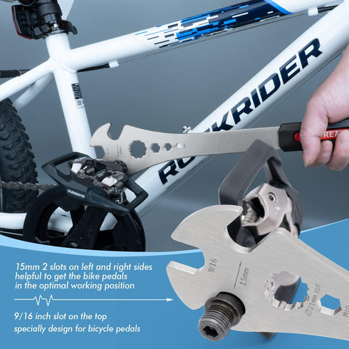 6-in-1 Bicycle Pedal Wrench - Mountain Bike Pedal Removal Spanner with Extra Long 12.6-inch Handle, Includes 15mm, 9/16-inch, 10T, 6/8/10mm Hexago...