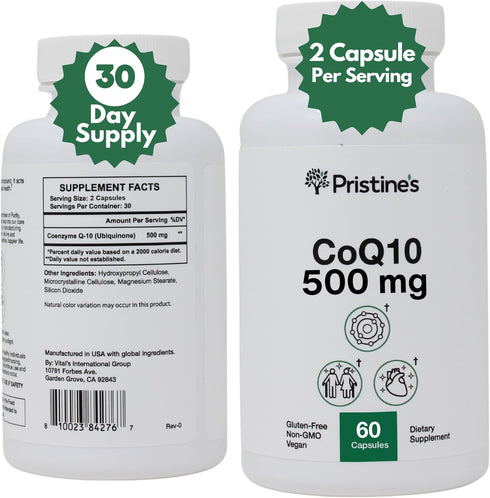 PRISTINE'S CoQ10 500MG Energy Production Support Supplement Capsules - 30 Day Supply Heart Health Supplement - Lung Health & Migraine Support Anti...