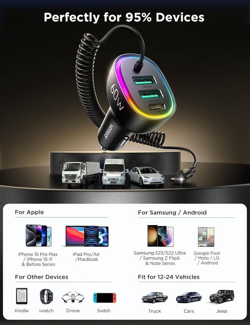 USB C Car Charger, 60W Super Fast Car Charger Adapter with 5ft 30W Type C Coiled Cable, Car Phone Charger Adapter for iPhone 15 Pro Max, Samsung G...