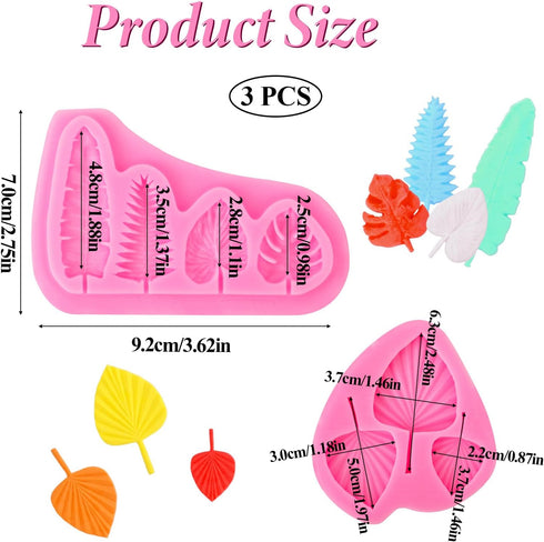 3 Pack Leaf Silicone Molds Fan Leaf Chocolate Mold Tropical Leaf Fondant Mold Palm Leaf Mold Monstera Leaf Chocolate Fondant Mold for Chocolate Ca...