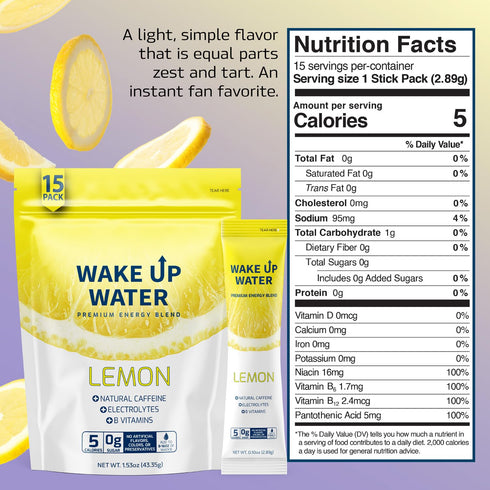 Wake Up Water - Energy + Hydration Sugar Free 15 Packet, Lemon Flavor - Energy Drink Powder, Electrolytes Powder Drink, Natural Caffeine Mix Packe...