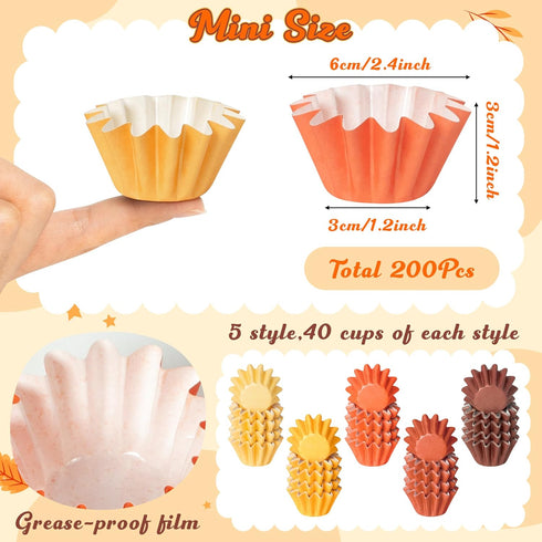R HORSE 200Pcs Fall Mini Cupcake Liners Baking Cups, Thanksgiving Grease-resistant Mini Size Cupcake Cups for Baking, Heavy Duty Paper Muffin Baki...