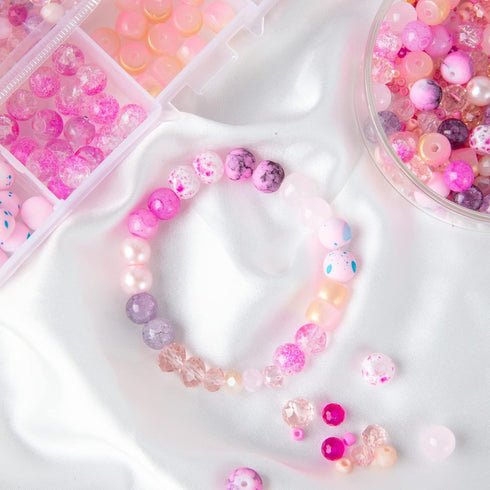 Keip Taoun Pink Glass Beads for Jewelry Making, Bracelet Beads Set for Girls, 1000pcs Including 8mm Assorted Round Beads, 6mm Bicone Crystal Beads...