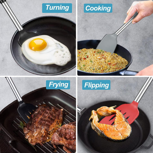 2 Pack Spatulas, Solid & Slotted Silicone Spatula Set, Stainless Steel Handle Coated with Silicone, Non Stick Turners, Heat Resistant Rubber Spatu...