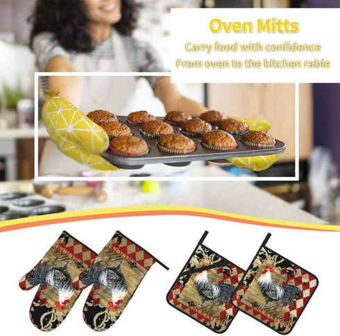 Rooster Print Oven Mitts and Pot Holders Sets with Apron 5Pcs Heat Resistant Rooster Kitchen Mitten Gloves and Non-Slip Potholders Apron Sets Oven...
