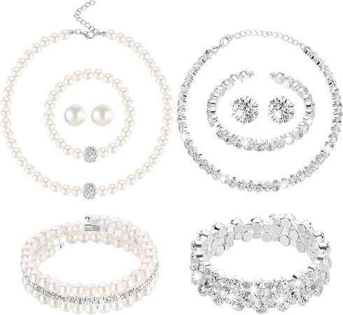 Glenmal 8 Pcs Pearl Jewelry Set for Women Faux Necklaces Earrings Bracelet Jewelry Set Imitation Long Tea Party Pearls Pearl Jewelry for Girls Cos...