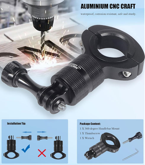Aluminum Bike/Motorcycle Handlebar Mount for GoPro, AKASO Campark and Other Action Cameras, 360 Degrees Rotary Motorcycle Camera Mount Upgrade...