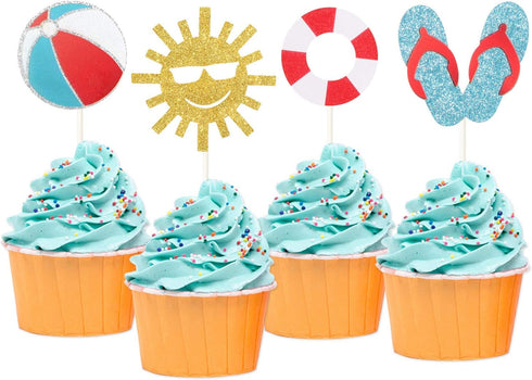 24Pcs Glitter Summer Beach Cupcake Toppers Pool Party Cupcake Picks For Hawaiian Theme Birthday Wedding Party Baby Shower Summer Luau Party Decora...