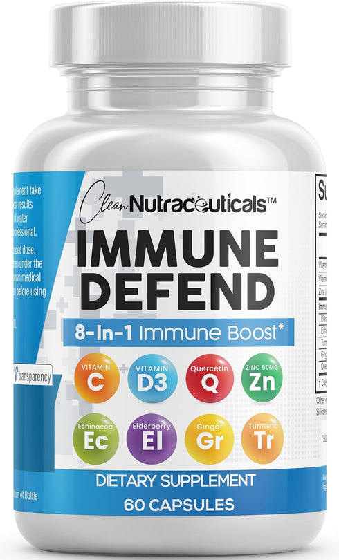 Clean Nutraceuticals Immune Defense Support Supplement 8 in 1 with Zinc 50mg Quercetin, VIT C 1000mg, Vitamin D3 5000 IU, Elderberry, Ginger - Imm...