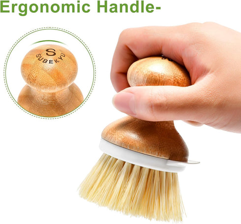 SUBEKYU Bamboo Dish Brush, Kitchen Dish Scrubber Brush, Natural Wooden Dishwashing Brush for Cleaning Dishes/Pans/Pots, Built-in Scraper, Sisal Br...