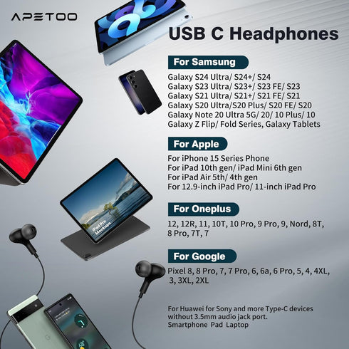 USB C Headphones for Samsung Galaxy S24 Ultra S23 FE S22 S21 A54 Note 20 10+,Magnetic Wired Earbuds Stereo in-Ear USB Type C Earphones with Microp...