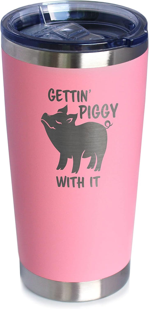 Bevvee Gettin Piggy - Insulated Coffee Tumbler Cup with Sliding Lid - Stainless Steel Insulated Mug - Pig Themed Coffee Gifts - Pink...
