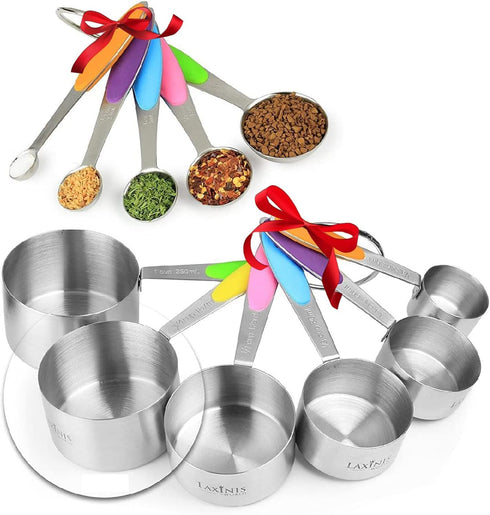 New Version! 11 Piece Measuring Cups And Spoons Set by Laxinis World | Sturdy Stainless Steel Stackable 6 Cups and 5 Spoons with Soft Silicone Han...