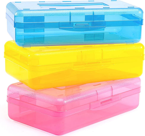 Sooez 3 Pack Large Capacity Hard Pencil Case, Plastic Crayon Pencil Boxes Bulk with Snap-tight Lid, Clear Storage Box Craft Pen Art Marker Organiz...