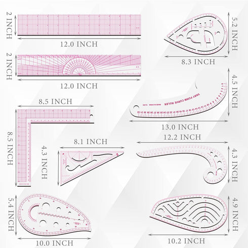 Sewing Rulers Set, 9 Styles Plastic Sew French Curve Ruler, Metric Sewing Measuring Tools for Designers and Tailors, Perfect for Drawing, Craft, S...