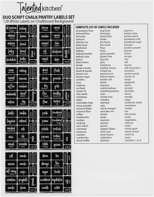 Talented Kitchen 128-Piece Chalkboard Pantry Labels for Containers - 2 x 3 in Black - Water-Resistant Preprinted White Script - Includes 88 Large,...
