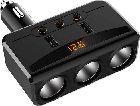 LIHAN 3 Socket Cigarette Lighter Adapter, Car Charger Plug Splitter with Dual USB Ports, 12V/24V Meter Monitor, Compatible with iPhone, LG, HTC, S...