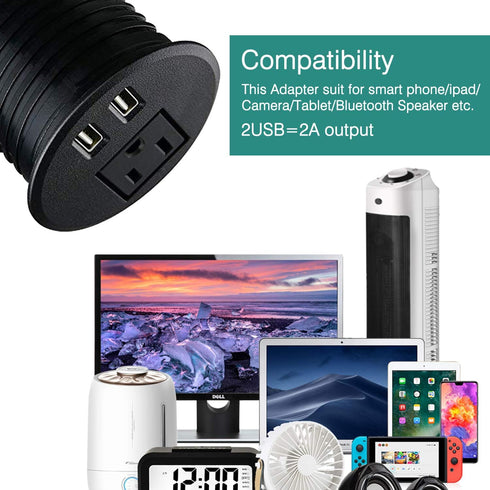 Desktop Power Grommet 2 3/8 inch Hole Table Power Grommet Outlet with 2 USB Charging Ports,6.5ft Extension Cord Desk Power Strip with 1 Outlets fo...