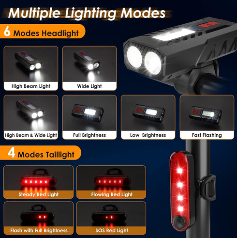 USB Rechargeable Bike Lights Set, 6 Modes Bicycle Front Headlight and Back Taillight, 3000LM Water Resistant Bicycle Lights Front and Rear for Nig...