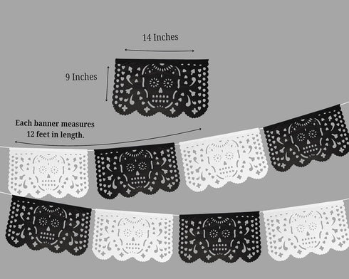 Dia de Los Muertos Decorations, Day of The Dead Banner, Black Mexican Banner 5 Pack|Tissue Paper|White and Black Skulls...