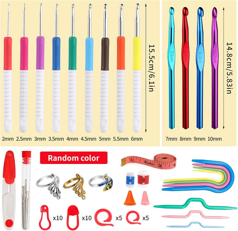 JUPEAN 70 Pcs Crochet Hooks Ergonomic Aluminum Crochet Hooks Crochet Accessories with Large-Eye Blunt Needles, Knitting Loop Rings, and Knitting S...