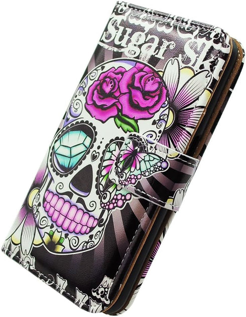 Case for Pixel 6 Pro, Purple Flower Sugar Skull Leather Flip Phone Case Wallet Cover with Card Slot Holder Kickstand for Google Pixel 6 Pro...