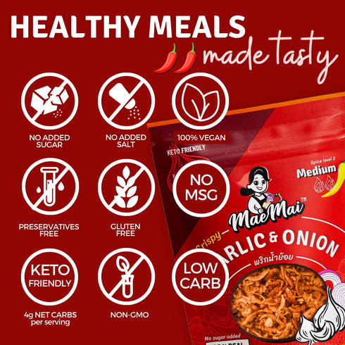 MaeMai Medium Spice (SPICY) - Crispy Onions & Garlic Flakes - Crunchy All-Purpose Seasoning, Keto, Salad Toppings, Fried Onions - Ramen, Rice Seas...