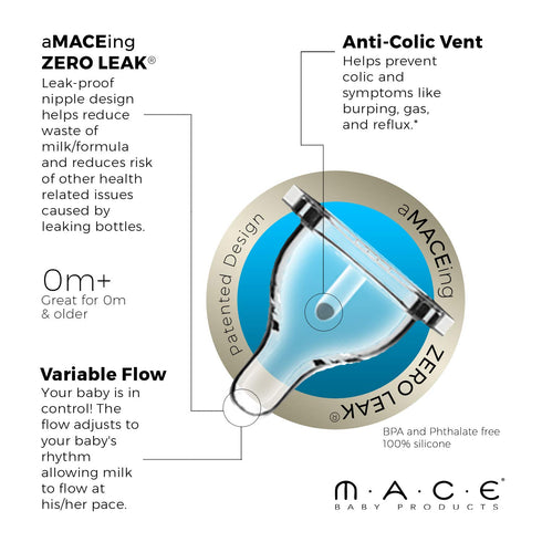 Made in USA aMACEing Zero Leak Baby Bottle with Anti-Colic Vent and Variable Flow, Leak-Proof 10oz (Green)...