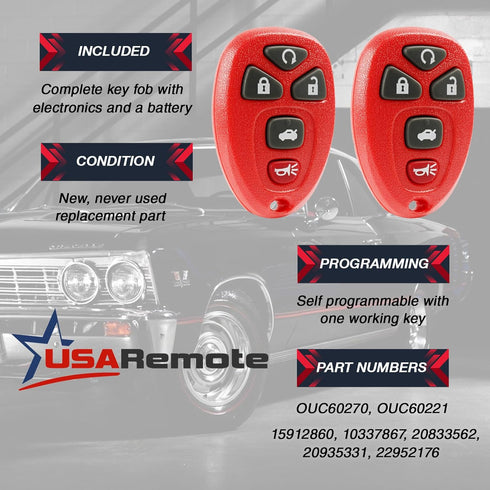 Key Fob Keyless Entry Remote fits Chevy Impala Monte Carlo/Cadillac DTS/Buick Lucerne 2006 2007 2008 2009 2010 2011 2012 2013 (Red), Set of 2...