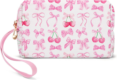 Pink Bow Makeup Bag,Cute Cosmetic Travel Bag for Women Preppy makeup pouch Cherry Strawberry Pattern,Preppy Gift for Teen Girls,Portable Handle PU...