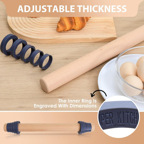 Adjustable Wood Rolling Pin with Thickness Rings for Baking -Non Stick Wooden Dough Roller Pin with Spacer Bands for Cookie,Pie Crust, Pastry Fond...