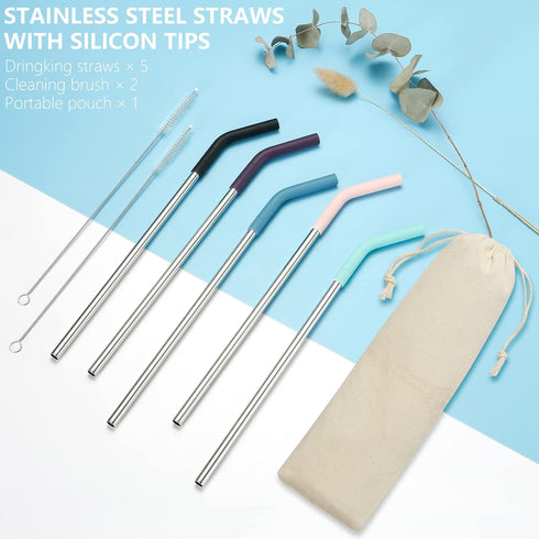 Senneny Set of 5 Stainless Steel Straws with Silicone Flex Tips Elbows Cover, 2 Cleaning Brushes and 1 Portable Bag Included (Silver)- 8mm diamete...