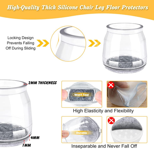 Chair Leg Floor Protectors, 16 Pcs Silicone Felt Bottom Furniture Pads for Hardwood Floors, Large Rubber Chair Table Legs Caps Covers Chair Slider...