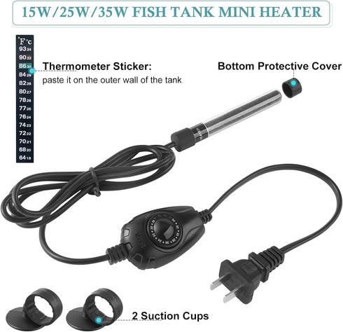 HITOP 35W Super Mini Aquarium Heater: Adjustable Heater for Small Fish Tank 4-10Gallons, with External Controller, Betta Heater for Fish Bowls(35W...