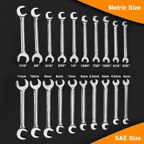 Mini Double Open End Wrench Set Metric and SAE 20 Pcs 4-11mm & 5/32" to 7/16" Mirror Chrome Finish Super Thin Open Ended Spanner Double Angle Head...