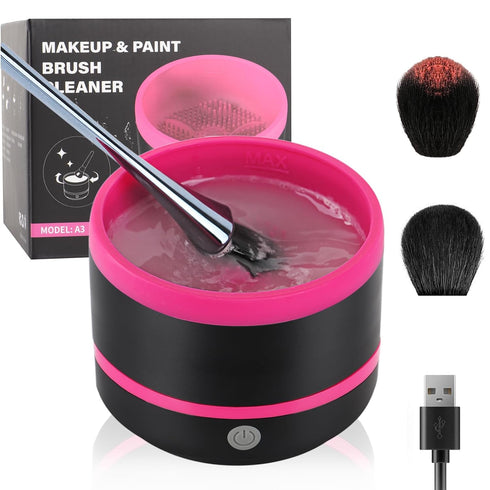 Electric Makeup Brush Cleaner Machine, Quick Cleaning Make Up Brush Washing Tool, Fast Spin and Clean in Seconds - Black & Pink...