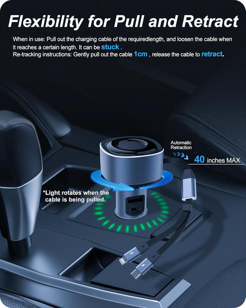 4-in-1 Retractable Car Charger, 60W Ultra-Fast Charging Car Charger, Car Adapter with 40-inch Type C/Lighting Charging Cable, Compatible with iPho...
