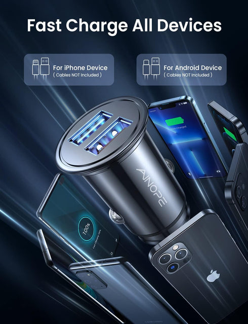AINOPE 1 Pack Fast Mini Car Charger, 4.8A Metal Car Charger Adapter Flush Fit, Dual Port USB Car Charger Compatible with iPhone 14 13 12 Pro Max 8...