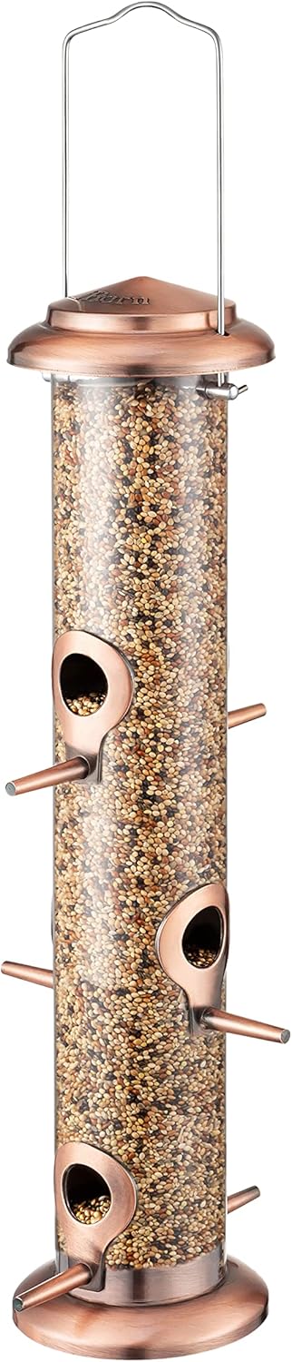 iBorn Metal Bird Feeders Brushed Copper Wild Bird Feeder for Outdoors Hanging All Metal Brushed Copper Finishing 14 Inch 6 Port(Seed is not Includ...