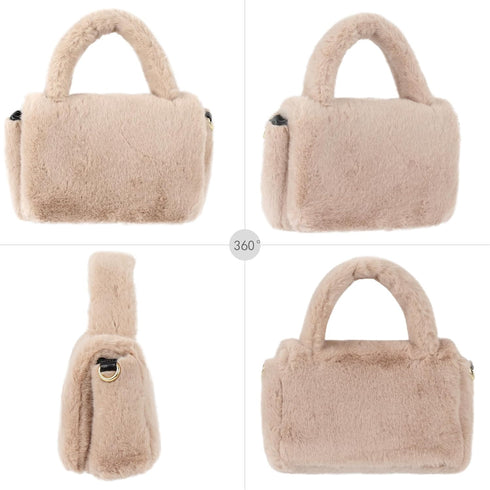 Women Faux Fur Winter Fashion Shoulder Bag Barrel Shape Drawstring Satchel Purse...