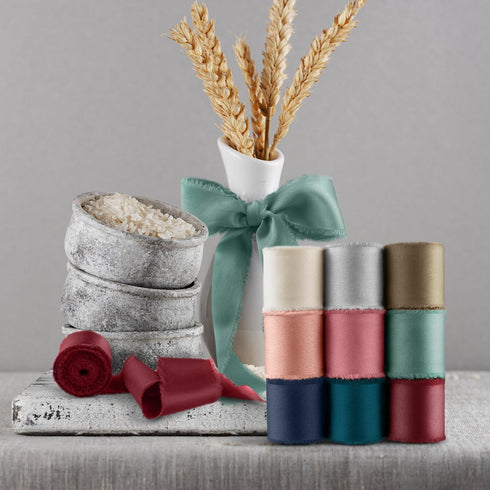 Chiffon Ribbon Silk Satin Ribbon 1 1/2 Inch x 3 Yd Handmade Fringe Chiffon Frayed Edges Ribbons Set 9 Rolls Fabric Ribbon for Wedding Invitations,...